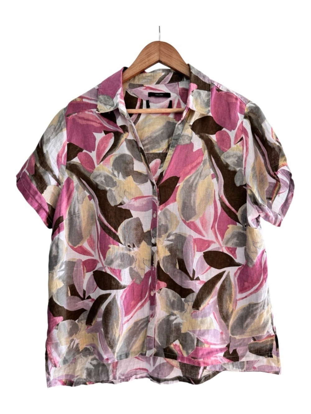 Tahari Linen Floral Button Front Top Pink Neutral